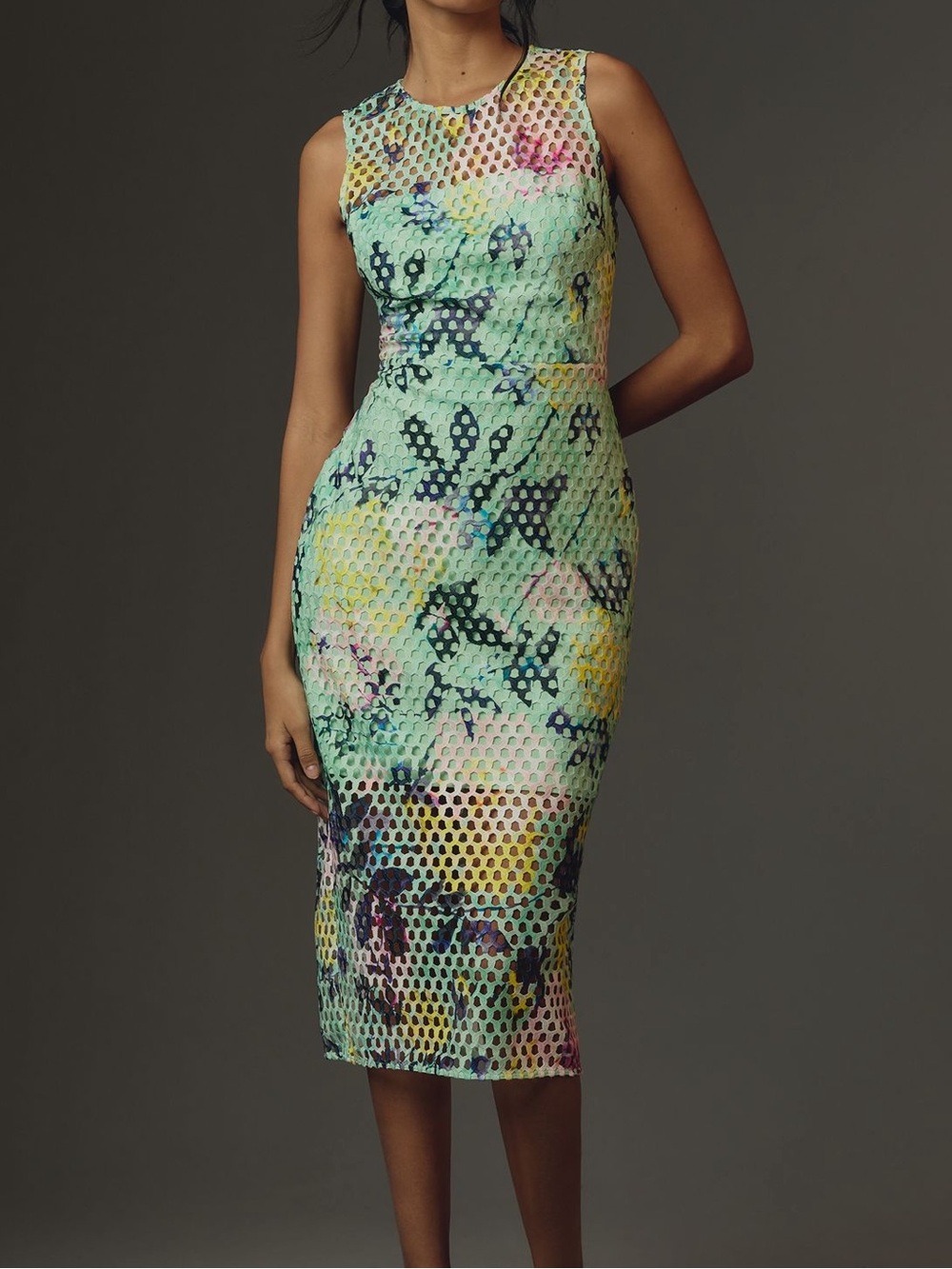 ML Monique Lhuillier Nora Floral Lace Midi Sheath Dress Blue Green Size 4 NWT